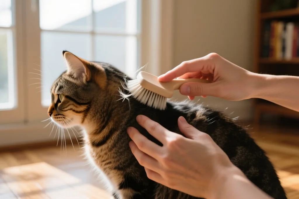 Arenero y utensilios de aseo de un gato en casa