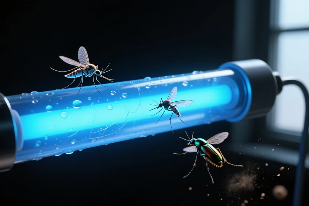 Tubo de luz ultravioleta encendido en un insectocutor