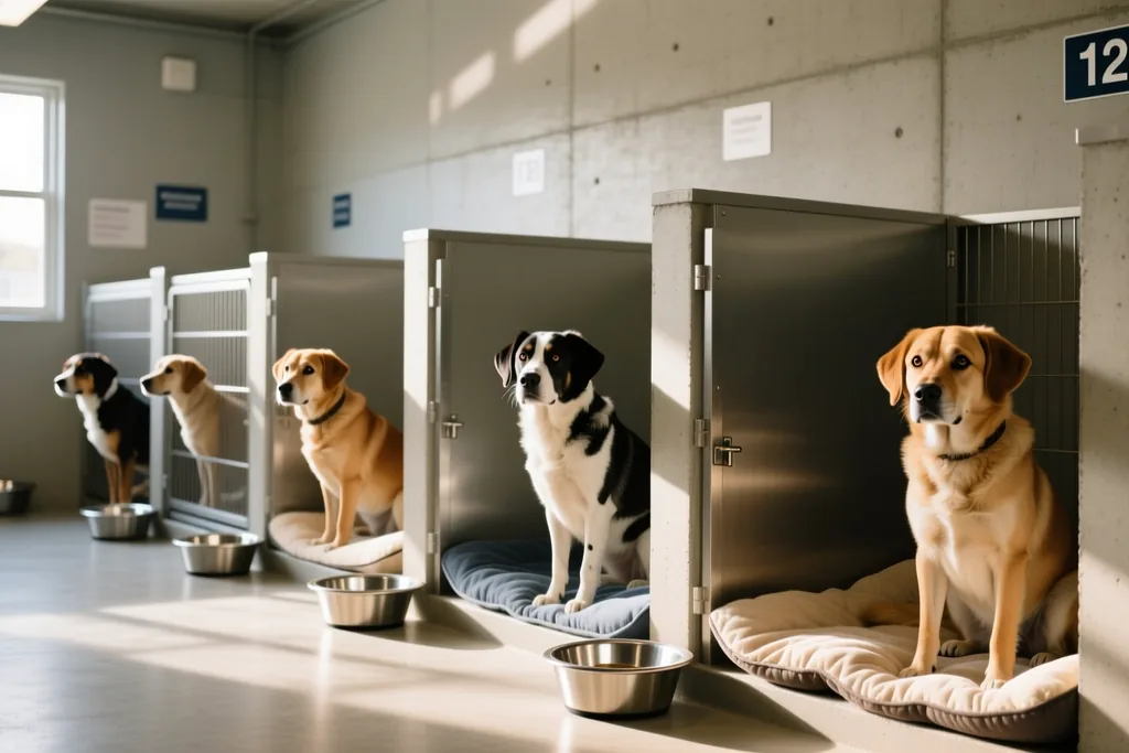 Interior de un módulo de residencia canina con boxes individuales